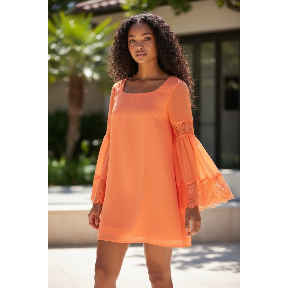 Bebe Womens Coral Orange Lace Bell Sleeve Square Neck Shift Mini Dress XS